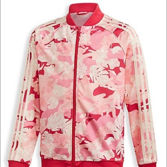Adidas x Farm Rio Youth Girls L Red  Pink Floral Stripe Trefoil Zip Track Jacket - Picture 1 of 8
